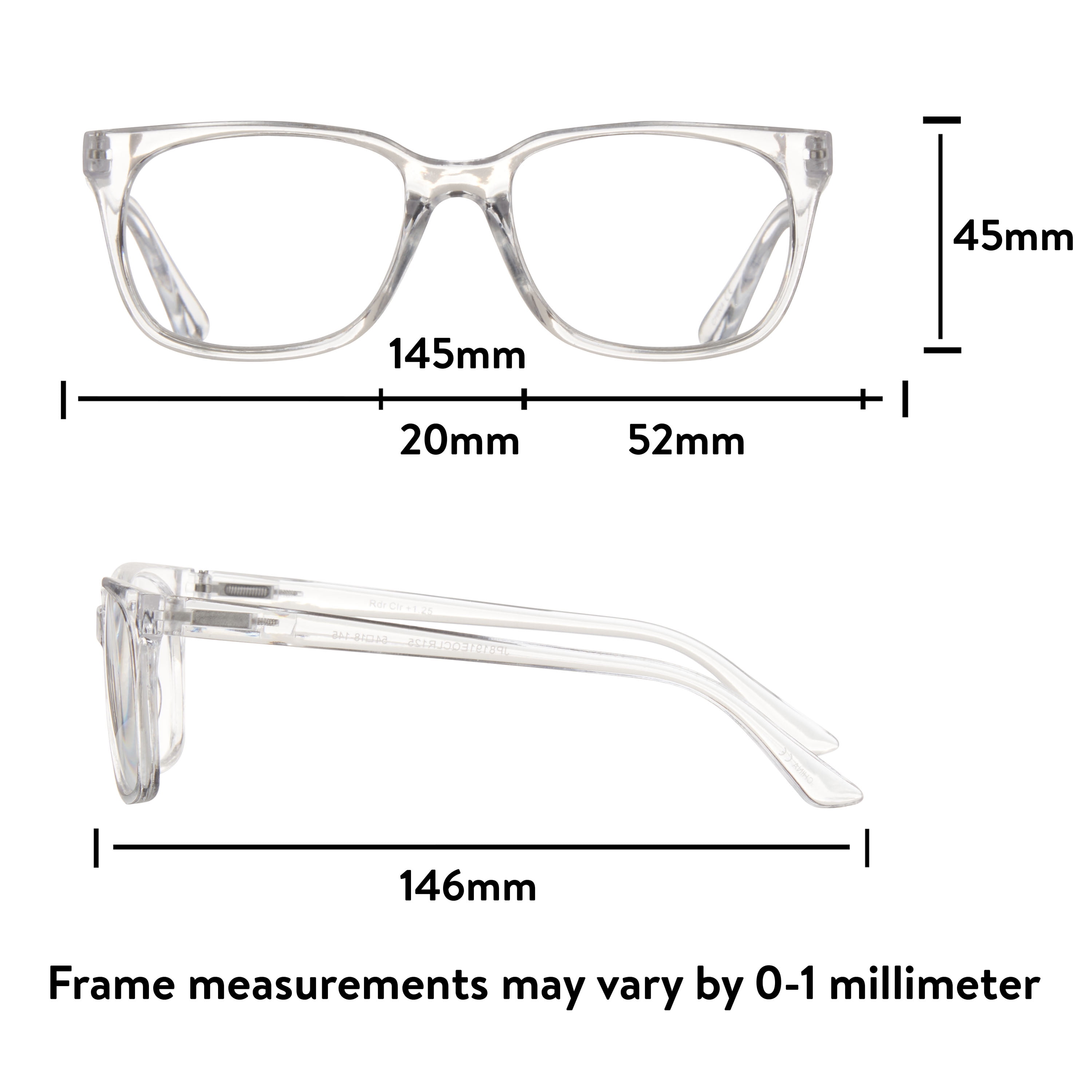 Equate Unisex Rectangular Reading Glasses with Case, Clear, +3.25