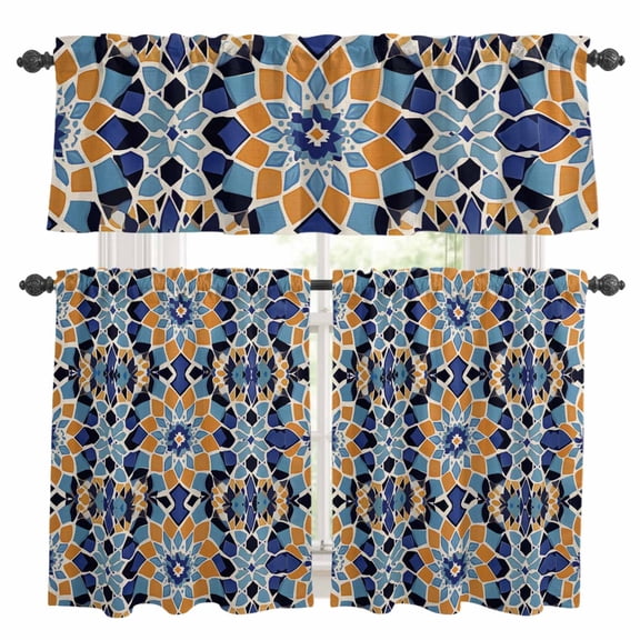 Morocco Orange Kitchen Curtains Sets for Windows 24 Inch Length, Blue Boho Retro Flower Pattern Abstract Rod Pocket Window Treatments Tier Curtains and Valances Set for Bedroom/Bathroom