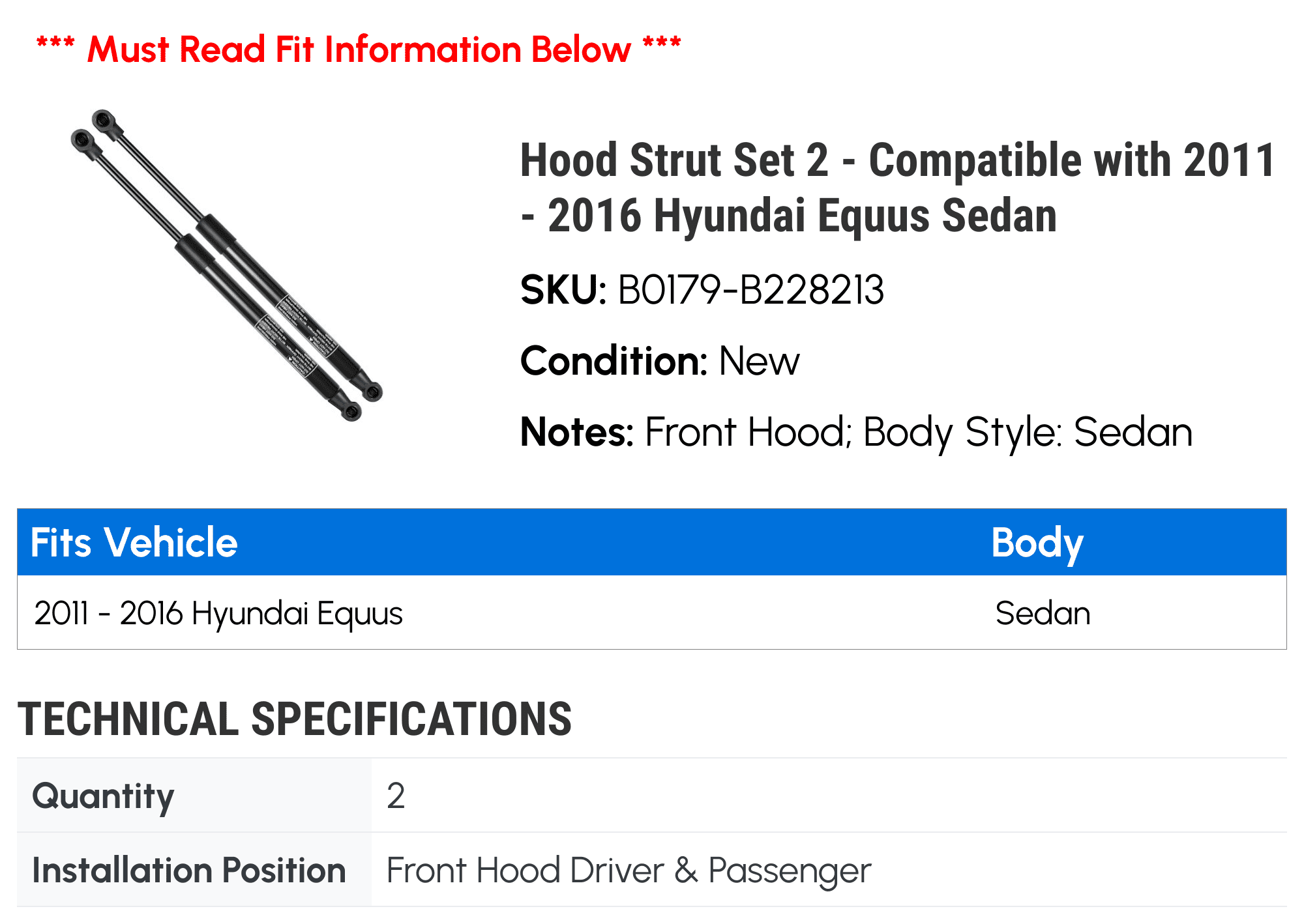 Hood Strut Set 2 - Compatible with 2011 - 2016 Hyundai Equus Sedan - Autopart Premium