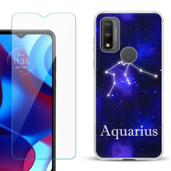 Slim-Fit Gel TPU Phone Case for Motorola Moto G Pure, with Tempered Glass Screen Protector, by OneToughShield ® - Zodiac / Aquarius