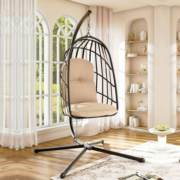 LAUSAINT HOME Outdoor Black Wicker Hanging Egg Chair, Foldable Hammock Chair with Beige Cushions for Garden, Lawn, Bedroom
