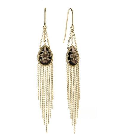 5th & Main 18kt Gold over Sterling Silver Hand-Wrapped Drape Chain Hanging Teardrop Smokey Quartz Stone Earrings