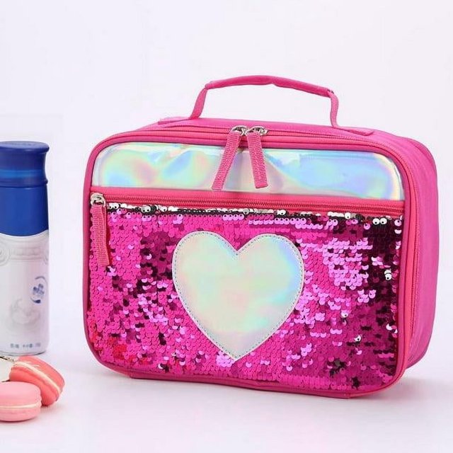 Bolsa de almuerzo para niñas, bolsa térmica con lentejuelas, solapa para niños que cambia de color, 10,6 x 8,2 x 4,3 pulgadas (rojo)