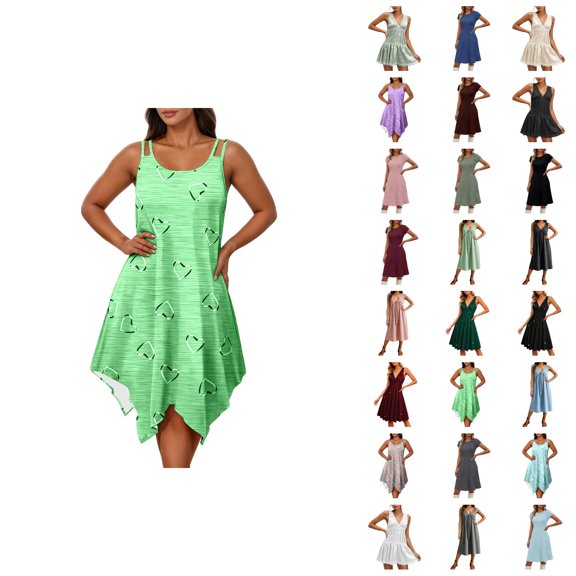 Casual Summer Dress Sleeveless Asymmetric Style With Heart Print Flowy Comfortable Dress