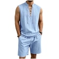 thumbnail image 3 of BVOFAR Mens 2 Piece Outfits Summer Casual Short Sets Comfy Lace Up Hippie Tank Tops and Drawstring Shorts Renaissance Medieval Tunic Beach Vacation 2 Piece Sets Light Blue S, 3 of 10