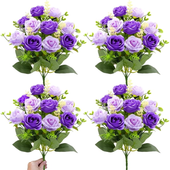 40 Heads Fake Roses Artificial Flowers for Outdoors, 4 Bouquets UV Resistant Fake Flower Bouquet Faux Silk Roses for Wedding Birthday Party Home Mother's Day Cemetery Summer Decor(Purple)