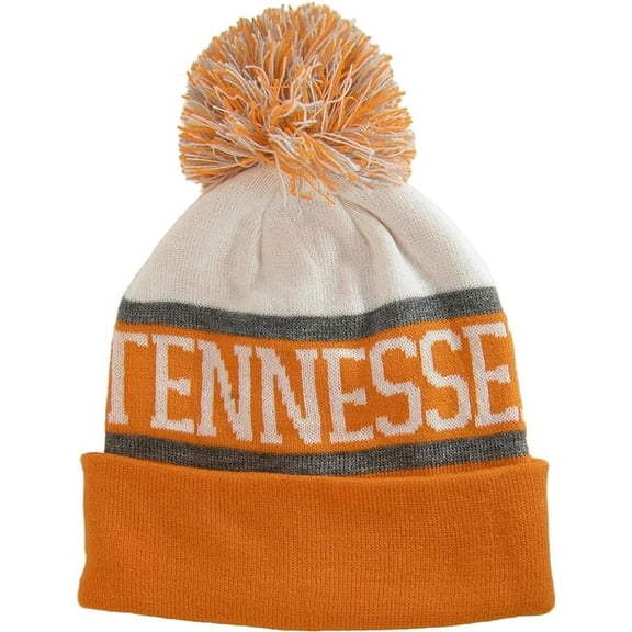Tennessee Wide Stripe Winter Knit Pom Beanie Hat (White/Orange)