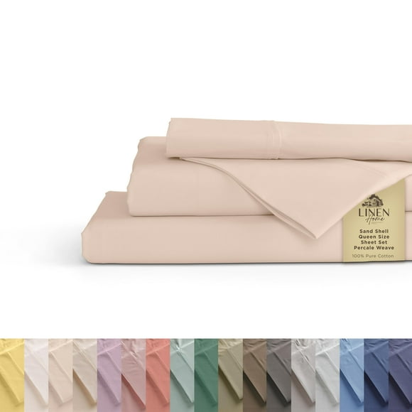 Draps en Percale 100 % Coton Taille Très Grand, Coquillage Sable, Poches Profondes, Ensemble de Draps 4 Pcs - 1 Drap Plat, 1 Drap-Housse à Poches Profondes et 2 Taies d'Oreiller, Linge de Lit Frais, Frais et Solide