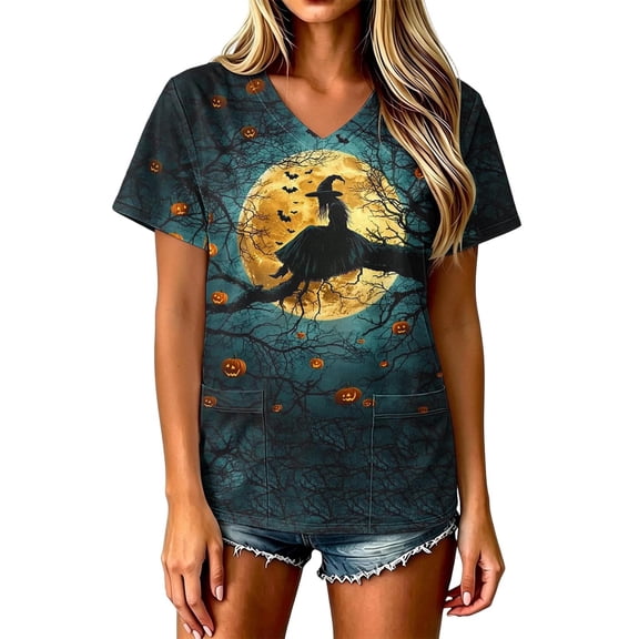 HOMBOM Womens Graphic T Shirts Cute Halloween V Neck Breathable Short Sleeve Young Womens Party Tees Funny Shirts,M