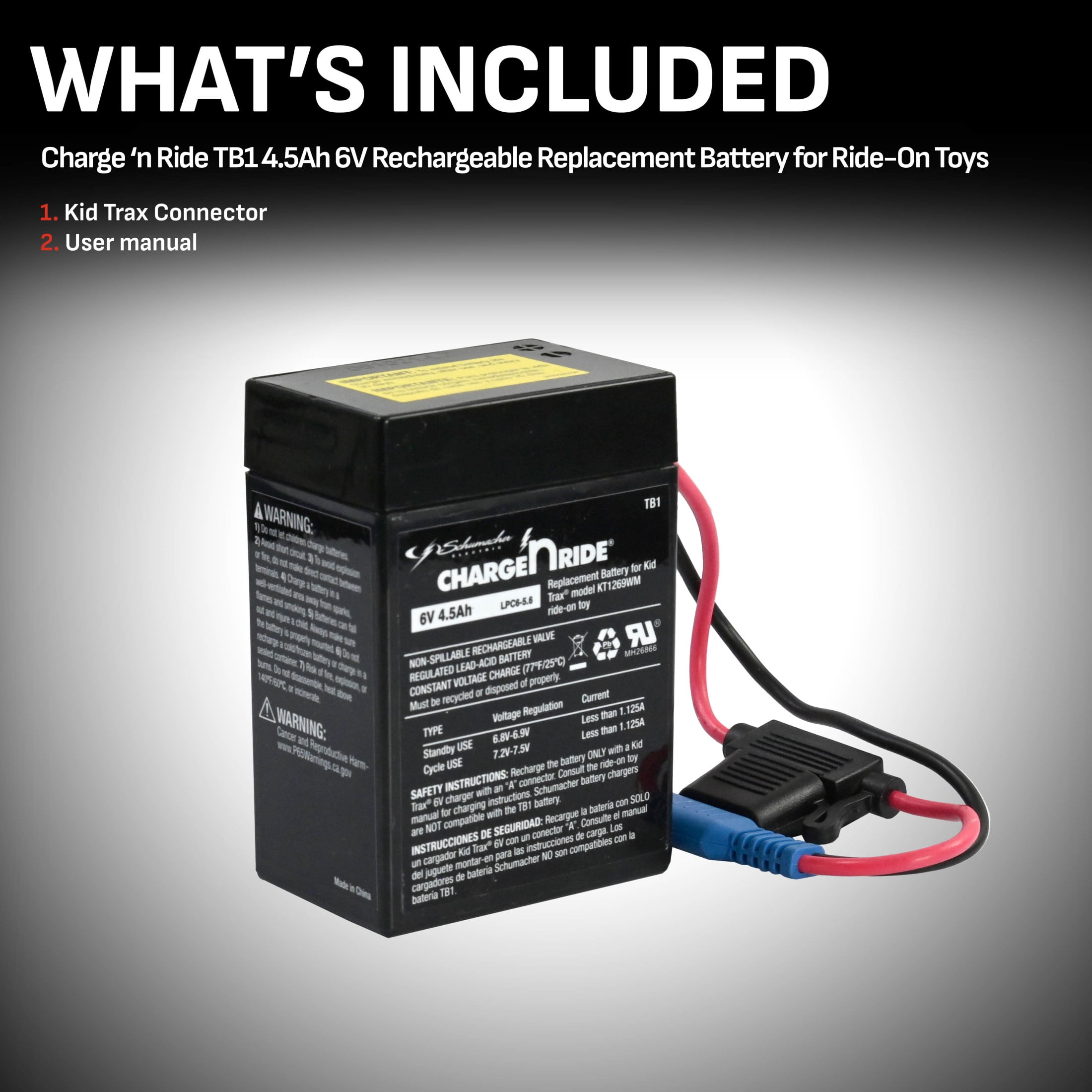 Schumacher Electric Charge ‘n Ride Rechargeable Replacement Battery for Ride-on Toys, Compatible with Kid Trax, 6V, 4.5 Amp Hours, TB1