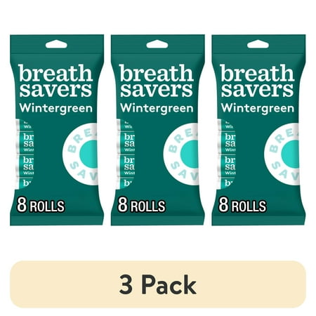 (3 pack) Breath Savers Wintergreen Flavored Sugar Free Breath Mints, Rolls 0.75 oz, 8 Count