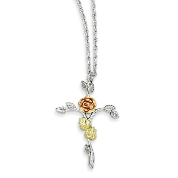 Auriga Fine Jewelry 925 Sterling Silver 12K Gold Accents Floral Cross Spring Ring Clasp Necklace for Women 18"