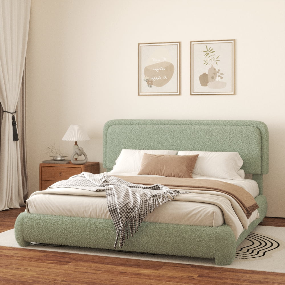 VIPLOV King Size Boucle Bed Frame, Cloud Upholstered Platform Bed with Height Adjustable Headboard & Soft Rounded Corners, No Noise Free, Easy Assembly.Green