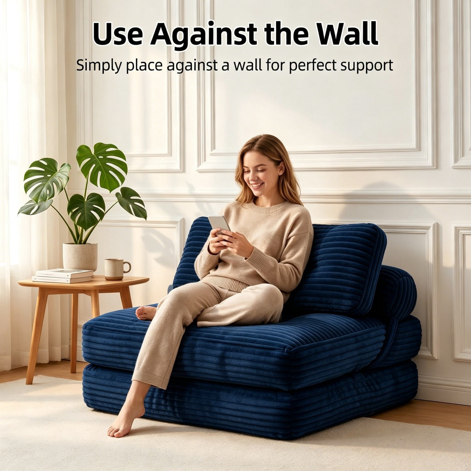 Folding Sofa Bed, Convertible Sleeper Chair with Pillow, Foldable Floor Couch Bed with Back Support, Portable Lounge for Living Room Bedroom, Navy