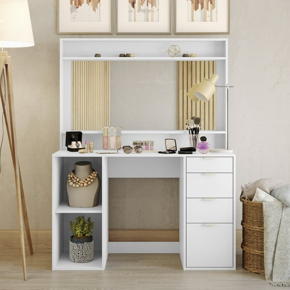 Kappesberg Sariana White Makeup Vanity Desk with Mirror and Drawers – 47.2'' Wide
