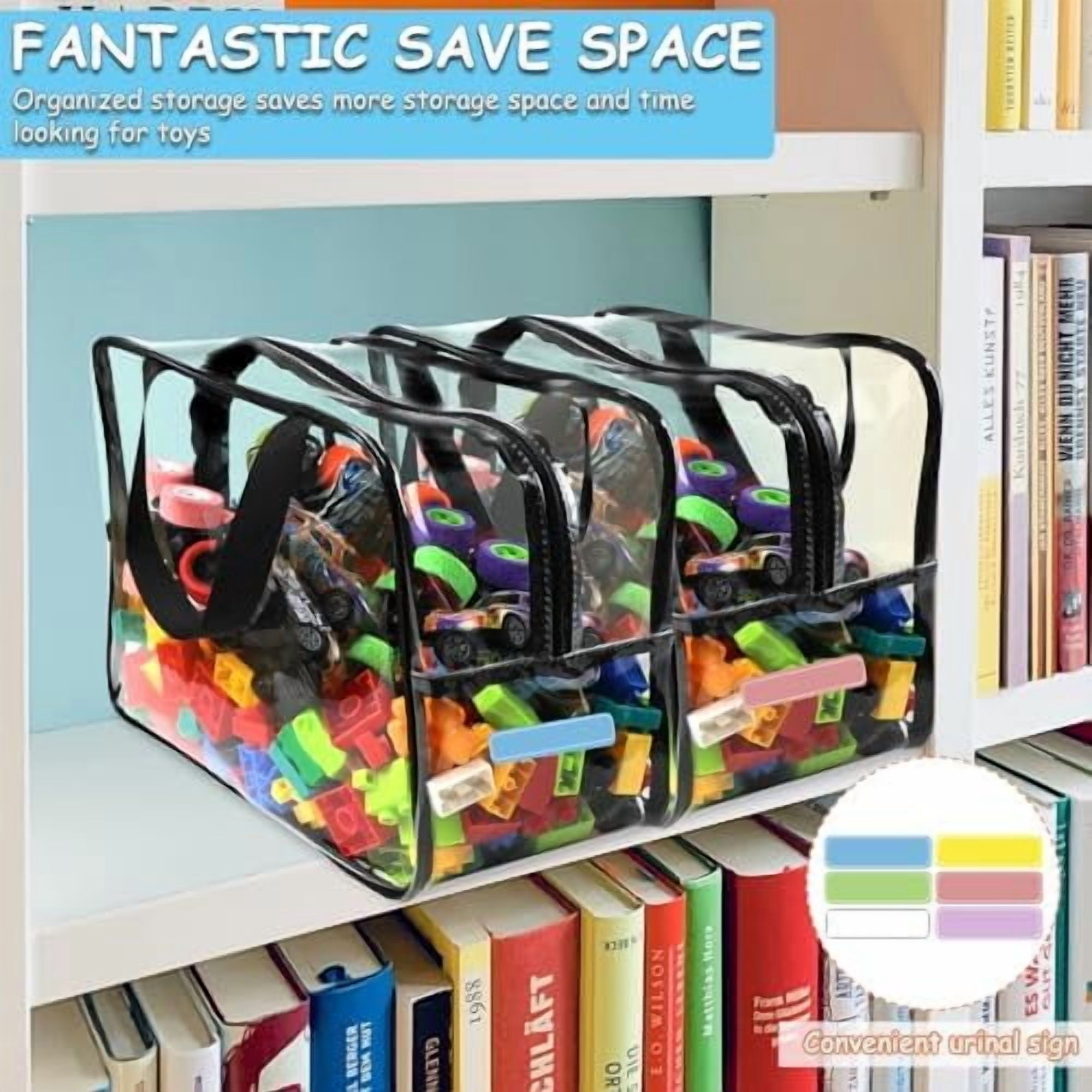 6 Packs Extra Large Toy Storage Bags 12.6×9.25×6.9In with Labels, Reusable Clear PVC Board Game Storage, Travel Waterproof Organizer Bags with Zipper for Building Blocks, Puzzle, Stuffed Animals