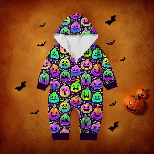 Family Halloween Pjs Matching Sets Halloween Print Long Sleeve Zippered One Piece Pajama Hooded Jumpsuit Winter Halloween Pjs Family Set