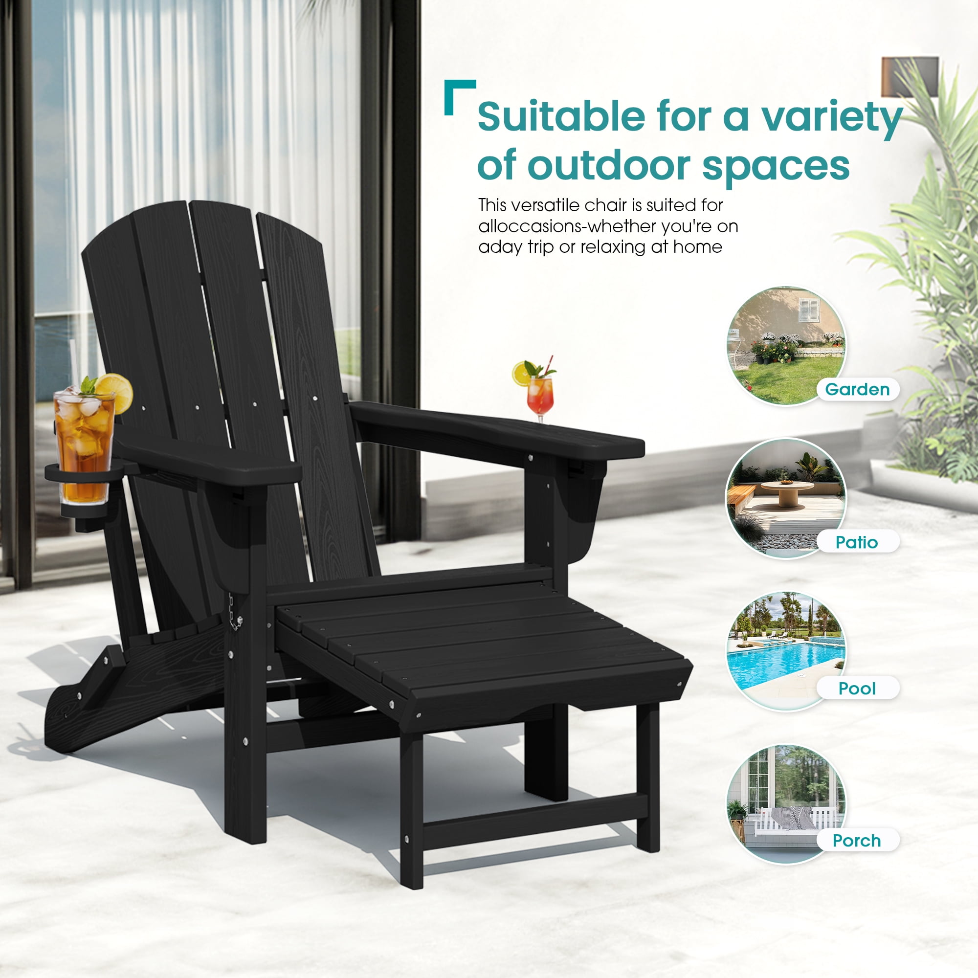 KINGYES Folding Adjustable Adirondack Chair with Retractable Ottoman & 2 Cup Holders for Patio Garden, Black