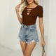thumbnail image 4 of Bienvenido Camiseta de verano de manga corta con cuello en V recortada para mujer Camiseta informal ajustada para la vida diaria Ropa de oficina Marrón L, 4 of 8