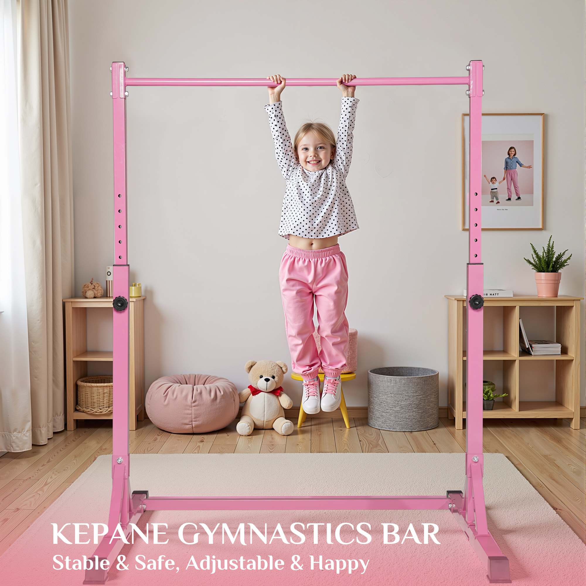 Primy 230LBS Gymnastics Bar for Kids, 39~61in Adjustable Height Steel Gymnastic Horizontal Bars, Stable Gymnastics Equipment Junior Training Bar for Home Using for Children