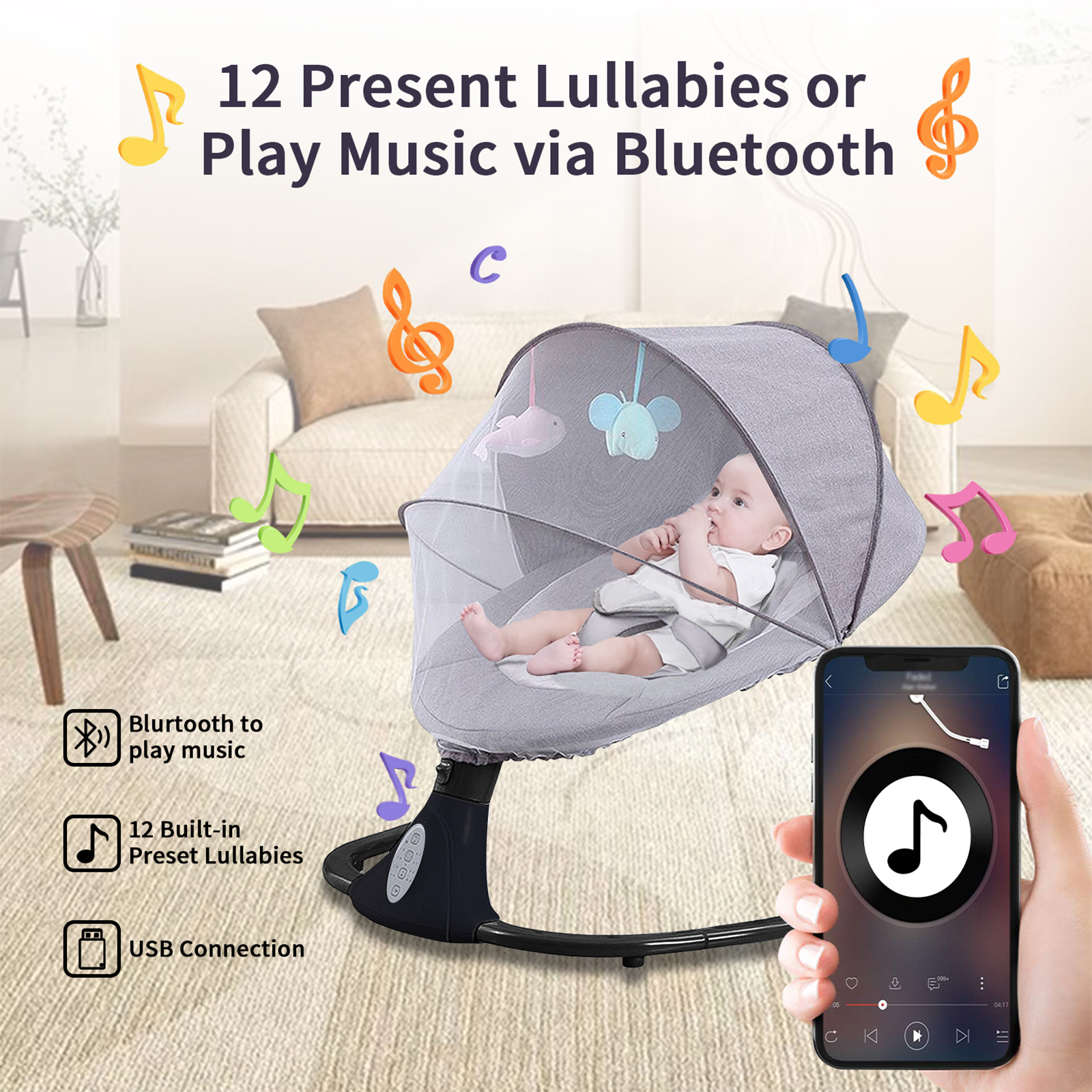 HAOUUCYIN Electric Baby Swing, bluetooth Music Infant Bouncer with 12 Lullabies for Boys Girls, Black&Gray
