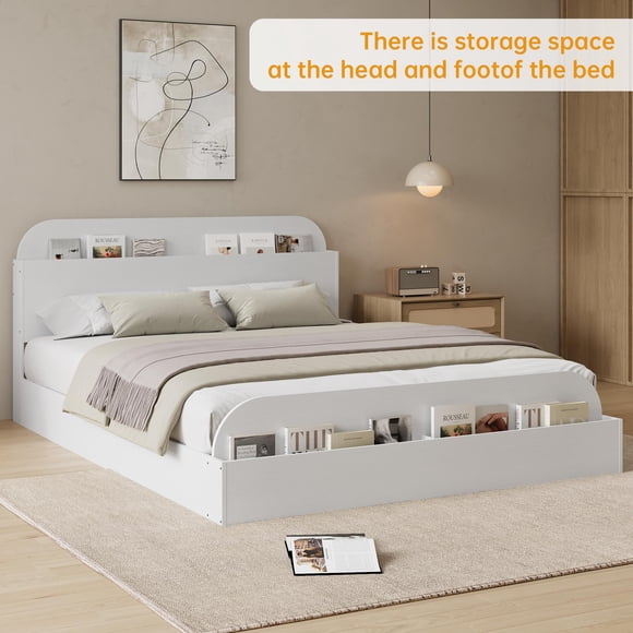 Space-Saving Queen Size Bed Frame with Storage Headboard & Raised Footboard – Sturdy Wooden Platform with Slats, Noise-Free, No Box Spring Needed – White Wood Grain, Queen Size