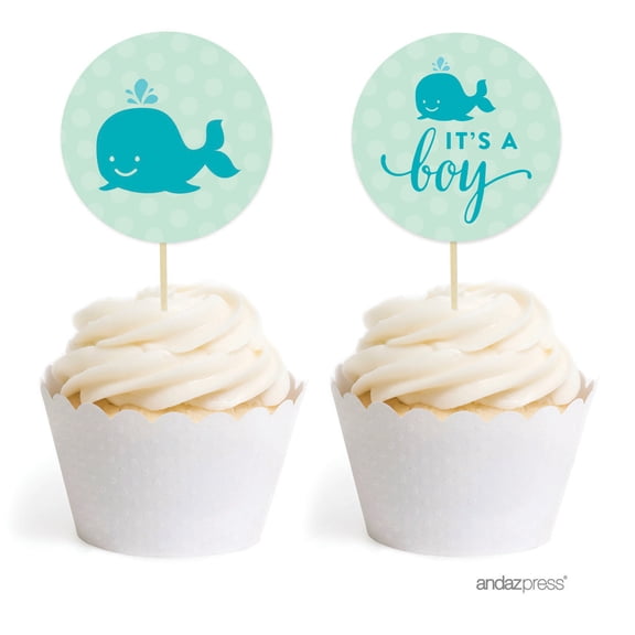 Koyal Wholesale Boy Whale Nautical Baby Shower Cupcake Toppers DIY Kit, 20-Pack