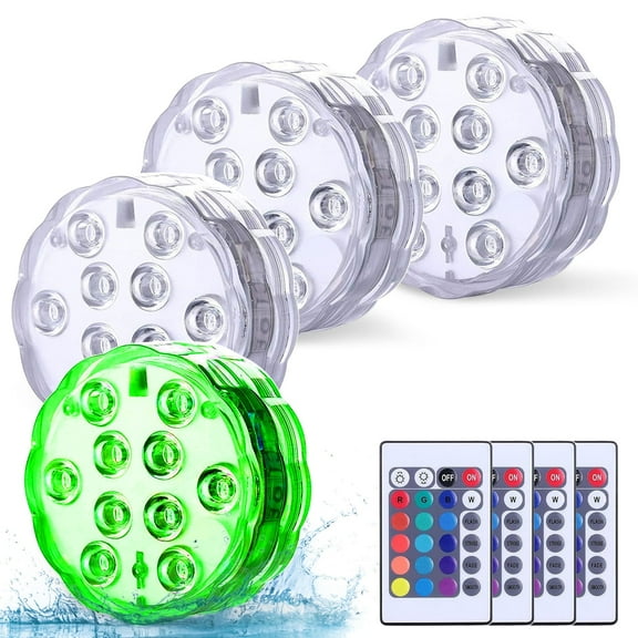 Rirool Submersible LED Lights with Remote Control, Battery Powered RGB Color Changing Waterproof Lights for Pool, Spa, Aquarium, Pond, Hot Tub, Party Decor, 4-Pack