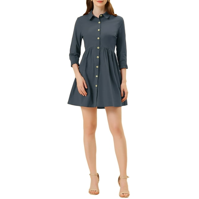 INSPIRE CHIC Robe-Chemise pour Femme Manches 3/4 Boutonnée Mini Robes L Bleu Foncé