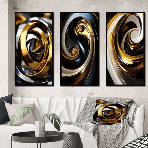 Designart "Futuristic Gold Silver Swirl Circular" Abstract Spirals Framed Wall Art Set Of 3 - Gold Transitional Frame Gallery Set For Office Decor