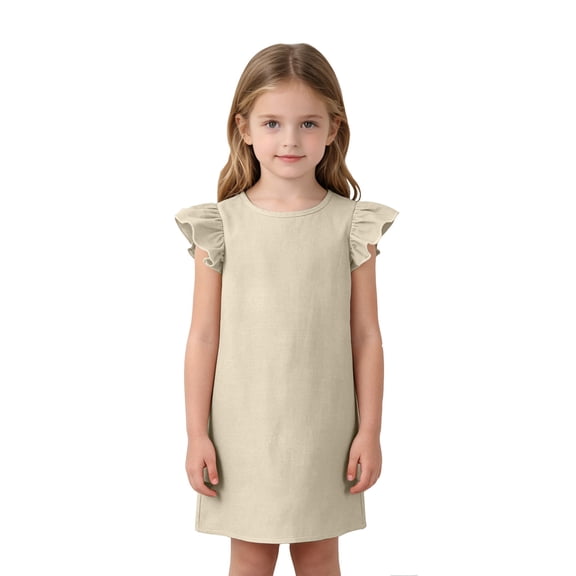 Grblisyd Girls Dress Summer Ruffle Sleeve Crew Neck Sundress Solid Color Casual Party Dresses for Kids 2-13 Years