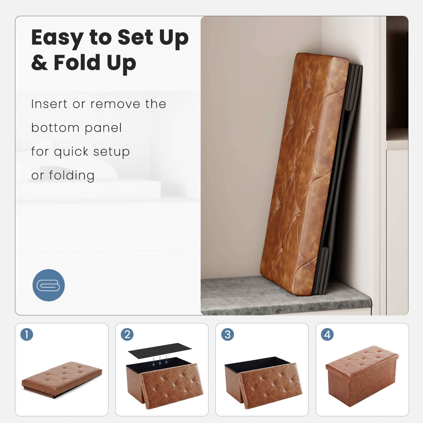 MAYEERTY 30in Foldable Storage Ottoman Foot Rest Stool Synthetic Leather Thicker Foam Seat