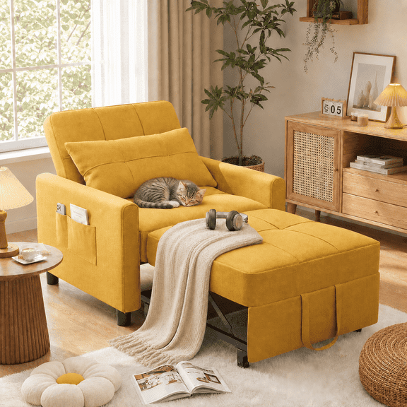 Aiho 3-in-1 Convertible Sleeper Chair Bed, Multi-Functional Lounge Futon Chair with Side Pocket, Space Saving Indoor Sofa Bed for Living Room, Bedroom, Apartment & Guest Room, Yellow