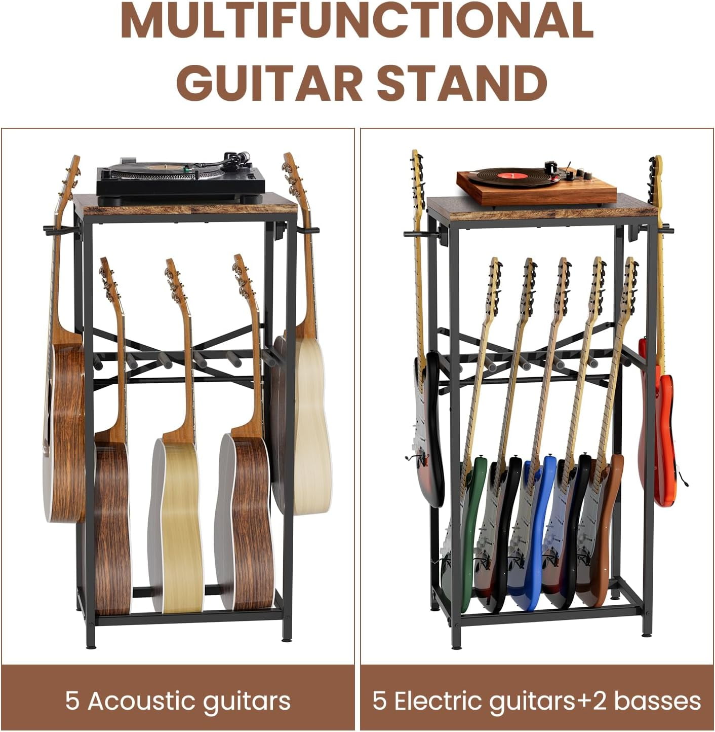 Guitar Stand for Multiple Guitars, Guitar Rack for Acoustic Guitar, Electric Guitar, Bass and Ukulele, Rustic Guitars Display Stand with 2 Guitar Hangers, Gold
