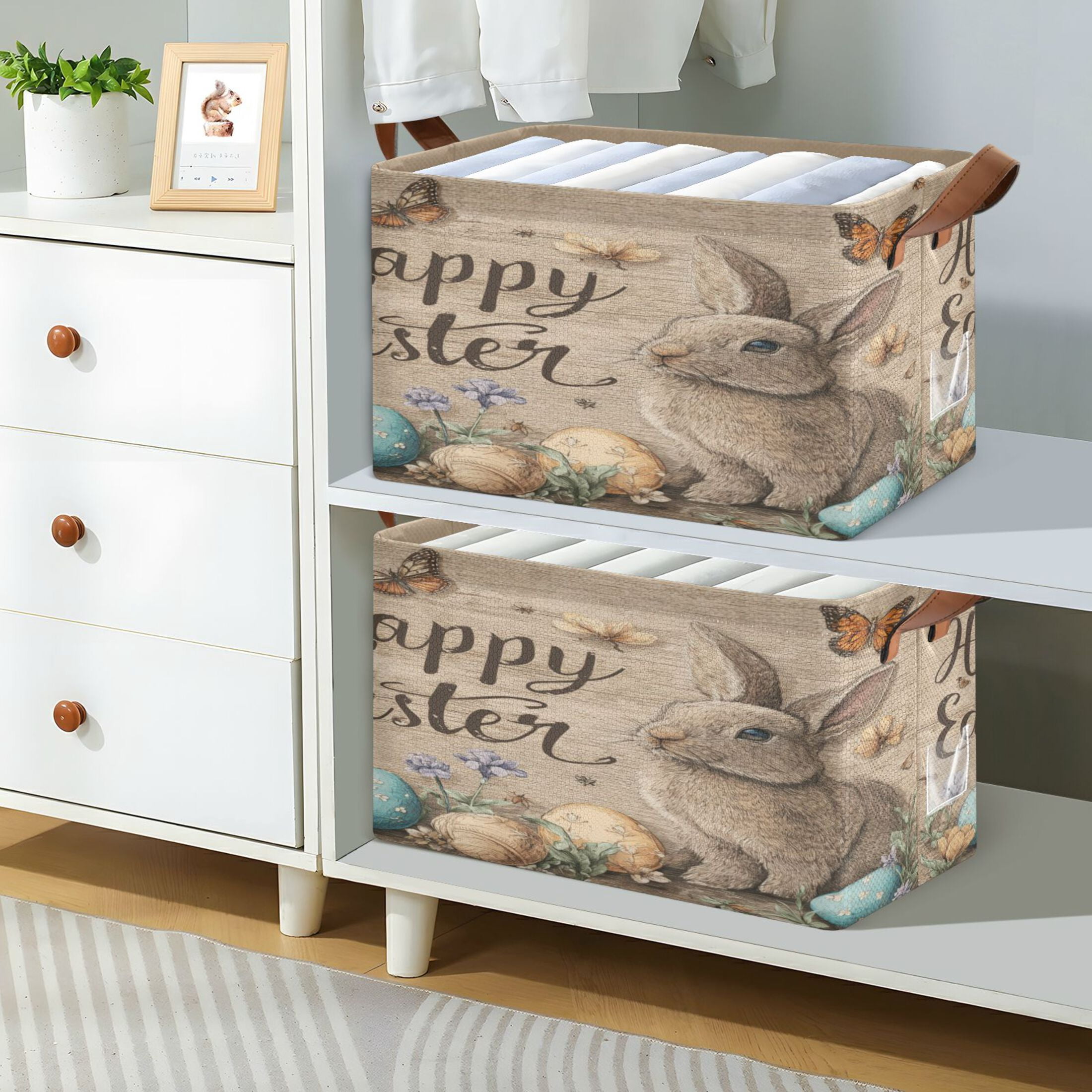 WobogoBrown Easter Rabbit Storage Basket 16.9×11.4×10in Collapsible Oversized with Metal Iron Frame