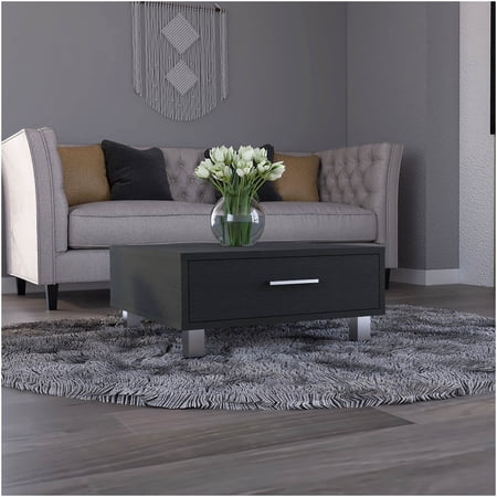 Modern Black Particle Board Coffee Table with Drawer, 4-Leg Accent Table for Living Room