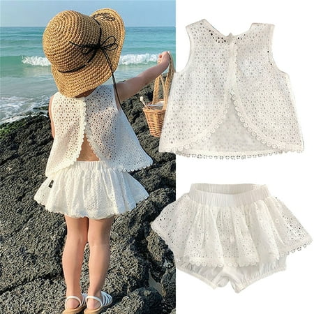 

TQWQT Girls Hollow Lace Suit Cotton Suit Summer Girls Foreign Style Backless Vest Kids Clothing Sets Baby Clothes Outfits 4-5 Years