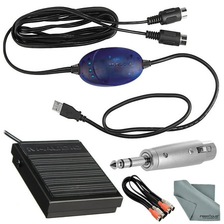 M-Audio USB Midisport Uno Portable 1x1 USB MIDI Interface for Mac & PC and Deluxe Accessory Bundle w/ Keyboard Sustain Pedal, Adapter, Dual MIDI Cable, & Fibertique Cloth
