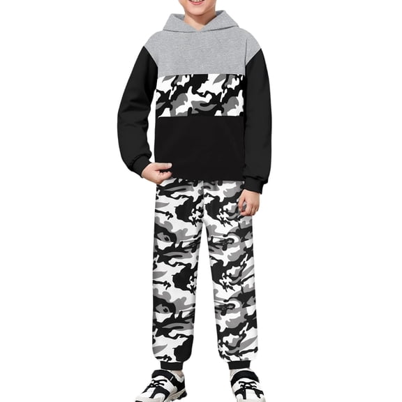 Boys Hoodie Color Block Camo Jogger Pants Set Two Piece Outfit Top Casual Kids Fall Winter Wear