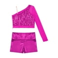 thumbnail image 4 of iiniim Kids Girls Jazz Hip Hop Dance Sequins Mesh Long Sleeve One Shoulder Dance Top with Shorts Hot Pink 12, 4 of 7