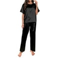 thumbnail image 2 of Womens Satin Silky Pajama Set Short Sleeve Shirt with Long Pajama Pant Set Soft PJ Loungewear, 2 of 5