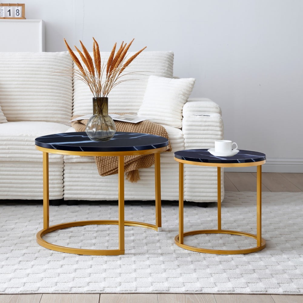 Set of 2 Nesting Coffee Tables, Black Round Marble-Look Wood Top with Gold Metal Frame, Modern Industrial Side Tables, End Tables for Living Room, Bedroom