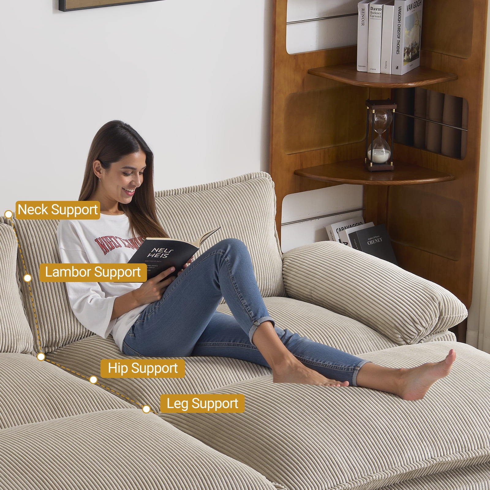 Ktaxon Corduroy Sofa Bed with Removable Ottoman, 90" Oversized Loveseat with Double Layer Cushions, Pillow Arms, Wood-Grain Legs for Living Room Bedroom Khaki