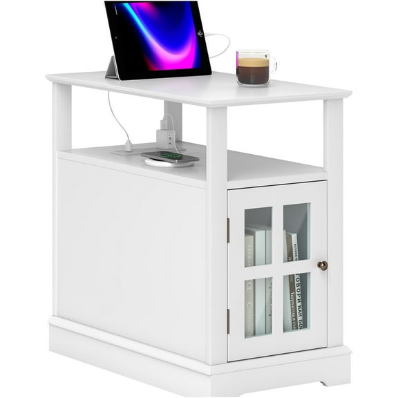 JERFIT Modern End Table with 4 Charging Ports & Hidden Storage Cabinet, Narrow Nightstand with USB & Outlets for Bedroom, Living Room, White