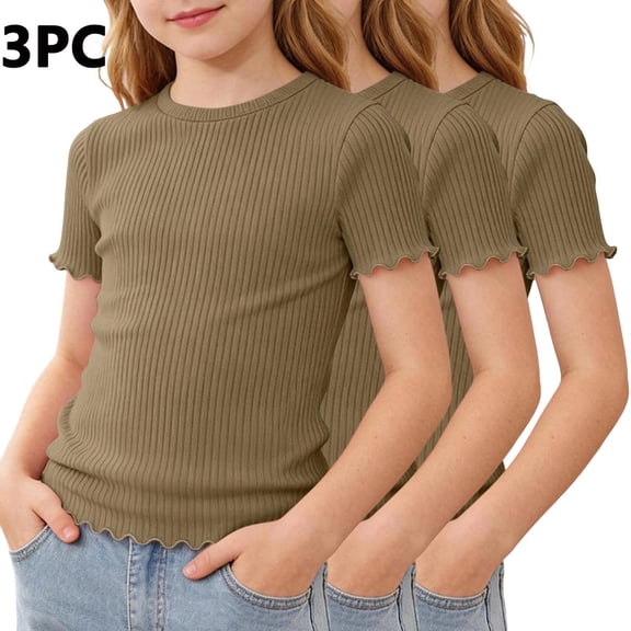 Mifsaly 3 Pack Girls Ribbed Knit T-Shirts Lettuce Trim Crewneck Short Sleeve Summer Tops Toddler Kids Slim Fit Cute Casual Basic Tee