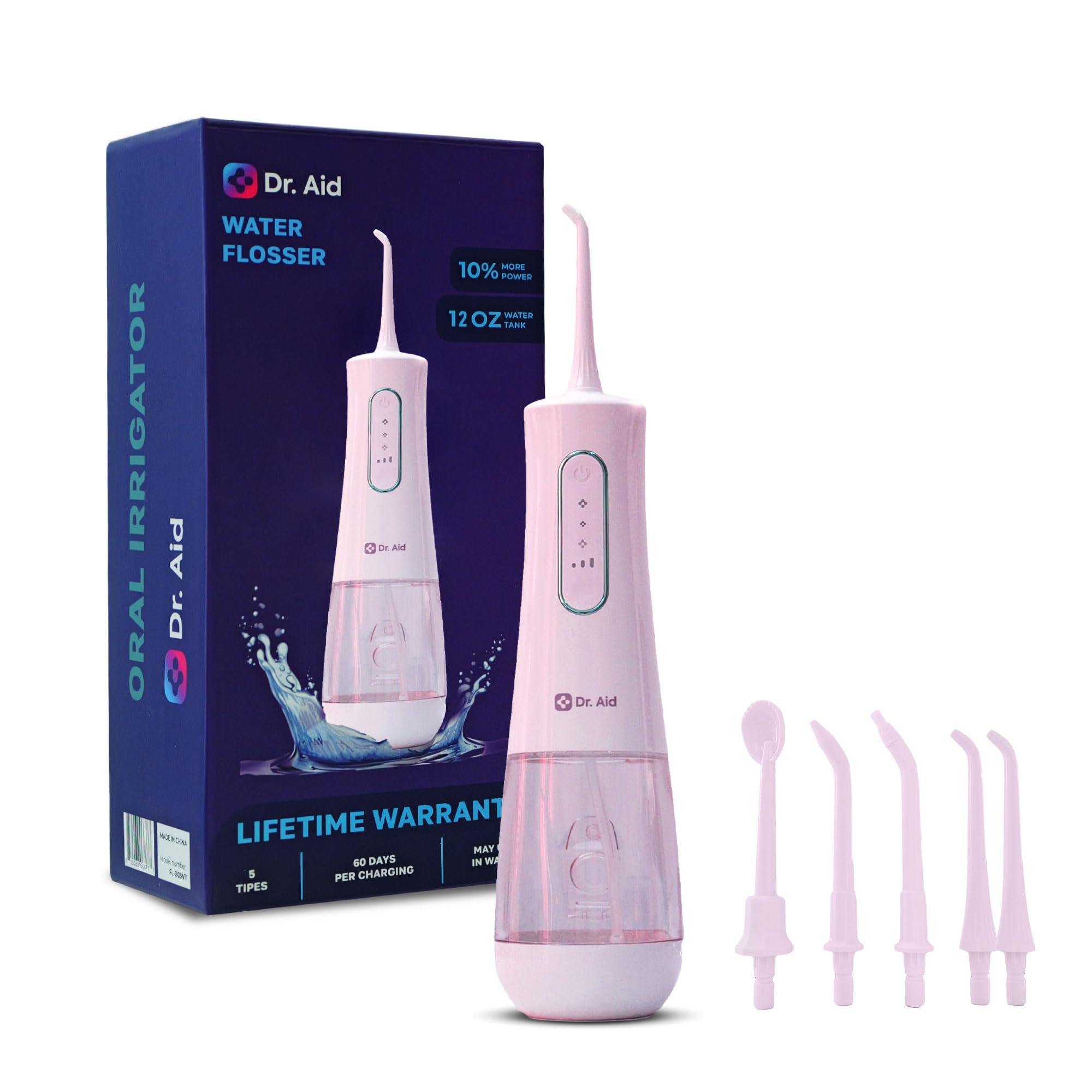 Dr. Aid Portable Water Flosser - Dental Oral Irrigator for Travel with 11Oz Tank, Filter, 5 Tips, Magnetic Charger - IPX8 Waterproof Electric Flosser - Water Flossers for Teeth, Gums, Braces (Pink)