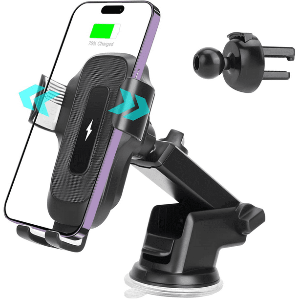 Soporte para coche con carga inalámbrica rápida de 15 W – Montaje automático con pinza para iPhone y Samsung, compatible con salpicadero, parabrisas o rejilla de ventilación