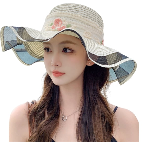 lanema Ribbon Bow Straw Hat Breathable Embroidered Flower Wide Brimmed Hat Holiday Wear