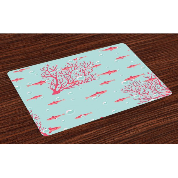 Coral Placemats Set of 4 Aquatic Pattern with Little Cute Fishes and
