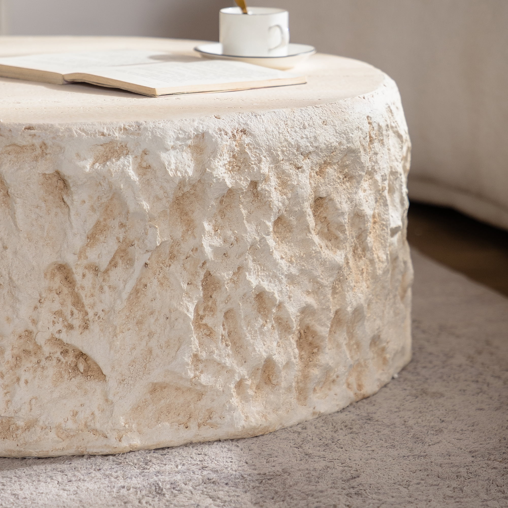 Leumius Mid-Century Round Centre Coffee Table Vintage Faux Stone Sofa Pre-Modern Coffee Tables Beige Coffee Table for Living Room Office Apartment & Outdoor Home Decor